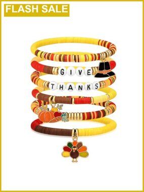6 Piece Thanksgiving Stretch Bracelet Set Beaded Charm Stackable